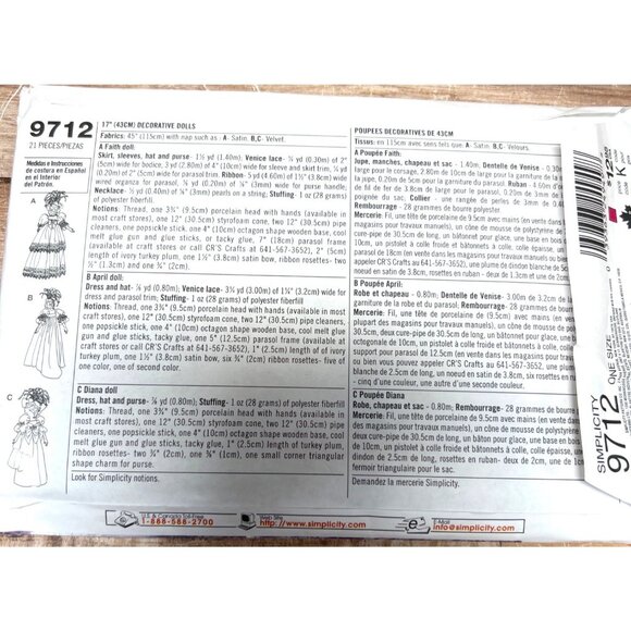 Simplicity 9712 Craft Pattern 17" Decorative Dolls Uncut - Picture 2 of 2